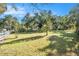 Open grassy yard, mature trees, and a glimpse of the property's outbuildings under a clear blue sky at 7157 Quail Hollow Blvd, Wesley Chapel, FL 33544