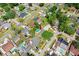 Aerial view featuring a home with a backyard pool and mature tree coverage in a quiet neighborhood at 7703 W Hiawatha St, Tampa, FL 33615