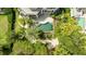 Aerial view showcasing a lush backyard with a pool, hot tub, mature trees, and manicured landscaping at 1058 Roundstone Pl, Palm Harbor, FL 34683