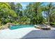 Backyard boasts a luxurious pool and stone hot tub, surrounded by lush tropical landscaping at 1058 Roundstone Pl, Palm Harbor, FL 34683
