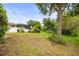Spacious backyard with lush grass, a fire pit, and mature trees at 18243 Cypress Bay Pkwy, Land O Lakes, FL 34638
