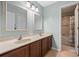 Bathroom with double sink vanity and spacious shower, complemented by stylish fixtures at 18243 Cypress Bay Pkwy, Land O Lakes, FL 34638
