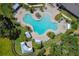 Aerial view featuring a unique pool design, surrounding landscaping and cabanas at 19325 Hawk Valley Dr, Tampa, FL 33647