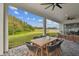 This covered patio offers views of the green yard and trees beyond at 19719 Cypress Bridge Dr, Odessa, FL 33556