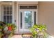 Elegant front door, featuring glass panels, plants, and a 'Welcome' mat at 20749 Auburn Leaf Trl, Land O Lakes, FL 34638