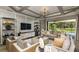 Bright and open living room area with a backyard pool view, modern decor and hardwood floors at 3415 Lumber Falls Dr, Plant City, FL 33565