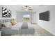 Comfortable main bedroom with a plush bed, contemporary decor, and a view of the green landscape at 8598 Parsons Hill Blvd, Wesley Chapel, FL 33545
