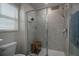 Modern shower featuring a glass enclosure, tiled walls, and a shower bench at 11704 Castine St, New Port Richey, FL 34654