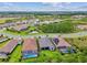 Aerial view of homes showcasing a community layout and a pond at 29356 Ginnetto Dr, Wesley Chapel, FL 33543