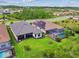An aerial view showing two beautiful homes, one featuring solar panels, and a shared pool, surrounded by lush green lawns at 29356 Ginnetto Dr, Wesley Chapel, FL 33543