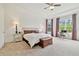 Tranquil bedroom with soft carpet, tray ceiling, and curtains at 29356 Ginnetto Dr, Wesley Chapel, FL 33543
