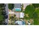 Aerial view of a single-Gathering home featuring a private pool, mature landscaping, and a well-maintained exterior at 3647 Lake St George Dr, Palm Harbor, FL 34684