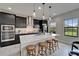 Beautiful kitchen with dark cabinets, stainless appliances, quartz counters, pendant lights, and eat-in island at 5601 Limelight Dr, Apollo Beach, FL 33572