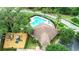 Aerial shot of the community pool and playground, surrounded by lush landscaping and mature trees at 10425 Yellow Spice Ct, Riverview, FL 33578