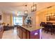 Open concept kitchen featuring a large island, stainless steel appliances, and modern lighting at 10425 Yellow Spice Ct, Riverview, FL 33578