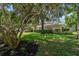 Side view of home with lush green lawn, mature landscaping, and a glimpse of the roofline at 1431 Normandy Ln, Palm Harbor, FL 34683