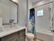 Bathroom with a tiled shower-tub, modern vanity, and framed mirror, perfect for daily routines at 14421 Swiss Bridge Dr, Lithia, FL 33547
