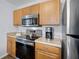 Well-equipped kitchen featuring stainless steel appliances, wooden cabinets, and ample counter space at 1601 Fluorshire Dr, Brandon, FL 33511