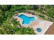 Aerial view of community swimming pool with surrounding lounge chairs and palm trees at 269 Madeira Cir, Tierra Verde, FL 33715