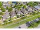 Aerial view displays homes with manicured lawns and mature landscaping, enhancing curb appeal within the community at 11207 Flora Springs Dr, Riverview, FL 33579