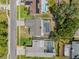 Aerial view showcasing a house with a private screened pool and solar panels on a neighboring roof, perfect for energy efficiency at 12641 98Th St, Largo, FL 33773
