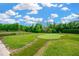 Backyard with putting green, mature trees, pond, and lush green grass at 16419 Chapman Crossing Dr, Lithia, FL 33547