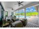 Inviting covered lanai with comfortable seating and view of the sparkling pool surrounded by lush landscaping at 16419 Chapman Crossing Dr, Lithia, FL 33547