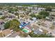 A wide aerial shot shows a neighborhood filled with lush greenery and homes with backyard swimming pools at 3514 Truman Dr, Holiday, FL 34691