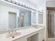 Bathroom boasts double sinks, marble countertop, large mirror and shower at 9308 Fairway Lakes Ct, Tampa, FL 33647