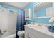 Stylish bathroom with sink, white vanity, and decorative blue accents at 1019 Goshen Rd, Tarpon Springs, FL 34689