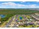 An aerial view displaying a community with backyard pools and an abundance of trees and landscaping at 11907 Streambed Dr, Riverview, FL 33579