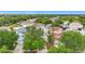 Residential aerial view showing a community with tree-lined streets and varied rooflines at 12508 Evington Point Dr, Riverview, FL 33579