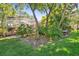 Spacious green backyard with tropical landscaping that surrounds the screened-in pool at 12523 Riverglen Dr, Riverview, FL 33569