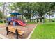 Brightly colored playground with slide and picnic tables amid mature trees and green lawn at 130 Sabal Ct # C, Oldsmar, FL 34677