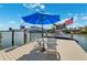 Picturesque waterfront dock with boat lift, seating, and views of the home and the surrounding waterway at 139 Wall St, Redington Shores, FL 33708