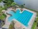 Aerial view of a uniquely shaped community pool, surrounded by lush landscaping, lounging spaces and shade canopies at 14705 Canopy Dr, Tampa, FL 33626