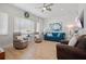 Open-concept living room with natural light and a blue sofa at 3009 Sheehan Dr, Land O Lakes, FL 34638