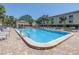 Community pool surrounded by palm trees and lounge chairs for relaxing at 472 Sandy Hook Rd, Treasure Island, FL 33706