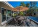 Relaxing backyard area showcasing a deck, table, umbrella and outdoor furniture at 508 N Mayo St, Crystal Beach, FL 34681
