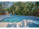 Private pool surrounded by lush tropical foliage with comfortable lounge chairs for relaxing outdoors at 508 N Mayo St, Crystal Beach, FL 34681