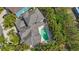 Aerial view showcases a private pool, spa, and the home's roof, nestled amongst lush tropical landscaping at 597 Bay St, Palm Harbor, FL 34683