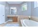 Bright bathroom featuring soaking tub, window, vanity with sink, and neutral color scheme at 6112 Ibispark Dr, Lithia, FL 33547