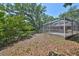 Landscaped backyard featuring a screened pool area, firepit and mature trees at 940 Woodland Dr, Palm Harbor, FL 34683