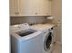 A laundry room featuring white cabinets and updated washer and dryer at 16106 Bridgedale Dr, Lithia, FL 33547