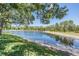 Scenic lake view featuring lush green grass, a serene waterfront, and a canopy of trees against a clear blue sky at 17537 Fairmeadow Dr, Tampa, FL 33647