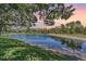 Scenic view of a calm pond surrounded by lush greenery and mature trees at 17537 Fairmeadow Dr, Tampa, FL 33647