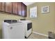 Well-organized laundry room featuring modern washer and dryer and overhead cabinets at 19796 Long Lake Ranch Blvd, Lutz, FL 33558