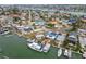 Aerial shot of coastal homes with boat docks on winding canals, in a colorful waterfront neighborhood at 301 Boca Ciega Dr, Madeira Beach, FL 33708