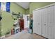 Bright, green bedroom featuring a dresser, closet, and colorful decor, creating a playful atmosphere at 4010 Lithia Ridge Blvd, Valrico, FL 33596