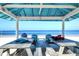 Covered picnic tables offer shade on a sandy beach with calm ocean views at 6533 Channelside Dr, New Port Richey, FL 34652